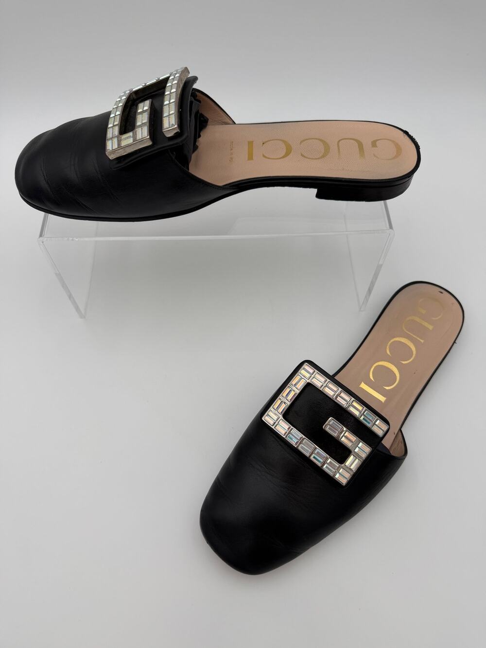 Gucci Madelyn Crystal G Mules Black Leather Size 38.5 / 8.5 Flats Malaga Kid